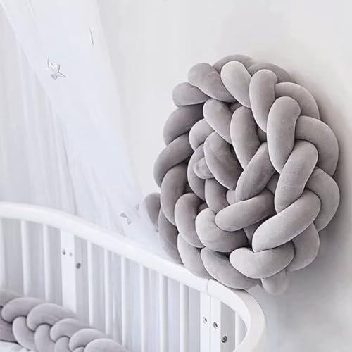 Bettschlange Geflochten, Baby, Babybett Umrandungen, Kantenschutz Bettumrandung Knotenkissen, Seitenschläferkissen, Baumwolle Schlafkissen Kissen,Grau,400cm