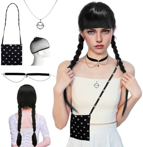 Schwarze Geflochtene Perücken- Lange Geflochtene Mittwochs Pony Zöpfe Kinder Kostüm Wednesday Perücke mit Halskette Tasche Mädchen Damen Karneval Halloween Fasching Mottoparty Tägliche Cosplay Zubehör