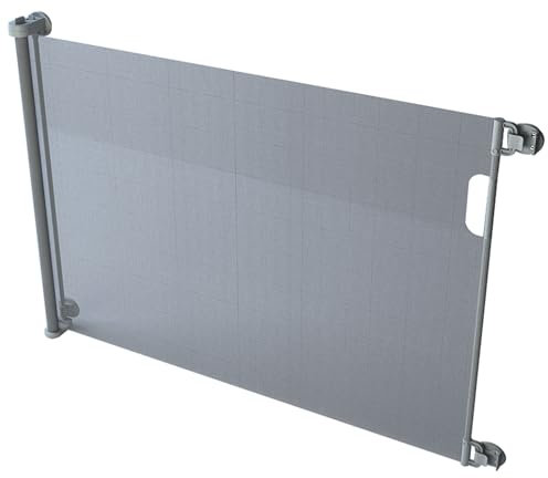MeeruWorks Dual Lock Retractable Stair Gates, 70cm Tall, 148cm Wide | No Drill Mesh Extending Baby Gate | Fabric Children’s Gate, Baby Proofing & Extra Strong Dog Stair Gate – Grey