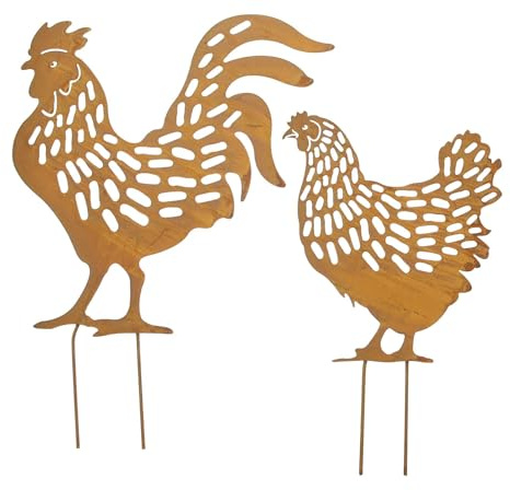 FRANK FLECHTWAREN Gartenstecker Hahn & Huhn, 2er Set, Metall, Rostfinish Maße: Höhe 38 cm, 45 cm