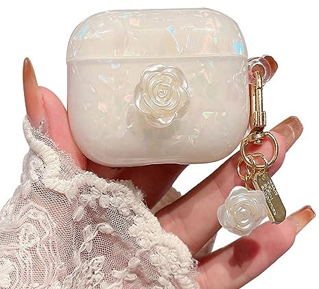 PHOEACC Kompatibel mit AirPods 4 Generation Hülle Case Cute Luxus Marmor Schutzhülle mit Perlenschale Schlüsselanhänger für Mädchen und Frauen (Rosen Weiß)