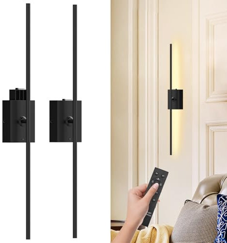 QINER Rechargeable LED Wall Lights, 2pcs USB-C Battery Operated & Wireless Wall Lights, Battery is Removable and Dimmable 81CM Modern Wall Sconce for Living Room, Hallway, Bedroom, Black