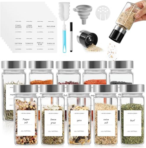 SXTIHD Tarros de especias cuadrados de cristal, juego de 10 tarros de especias de 120 ml, molinillo × 2 con tapa de acero inoxidable, etiqueta