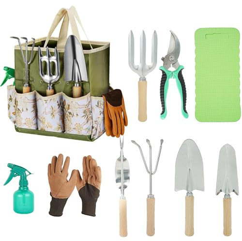 Gartenwerkzeug-Set, 10-teiliges Garten-Handwerkzeug-Geschenk-Set, Gartenwerkzeug-Set mit Outdoor-Handwerkzeugen, Edelstahl-Handwerkzeuge, Geschenk-Set mit robuster Werkzeugtasche, Gartengeschenke für