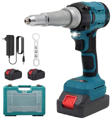 Auveach Akku Nietzange 21V Nietpistole Popnietenzange Set mit 2x1300mAh Akkus Elektrische Popnietenzange für 2,4/3,2/4,0/4,8mm Blindnieten für Autoreparaturen Heimwerker