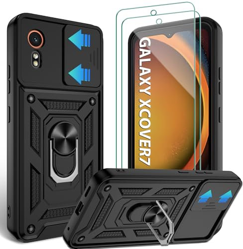 Jshru Handyhülle für Samsung Galaxy XCover 7 Hülle mit 2 Stück Schutzfolie Militärisch Stoßfest Schutzhülle Kameraschutz Schutz,360° Ring Ständer Kratzfest Case für Galaxy XCover7,Schwarz