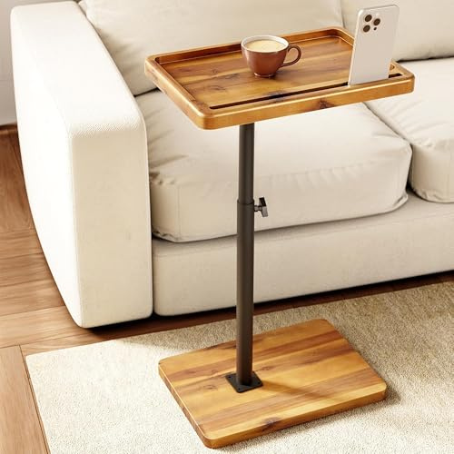 HOLANA Couchtisch aus Akazienholz, verstellbar, C-förmig, 360° drehbar, Beistelltisch für Sofa, kleiner Beistelltisch für iPad, Laptop, TV-Tablett, Esstabletts für Wohnzimmer oder Nachttisch (Akazie)