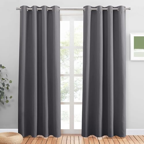 PONY DANCE Blackout Eyelet Curtains, Grey, 2 Panels, 52 x 90 Inch | Thermal Insulated 90 Inch Long Curtains for Living Room, Room Darkening, Energy Saving, Privacy, Super Soft Drapes