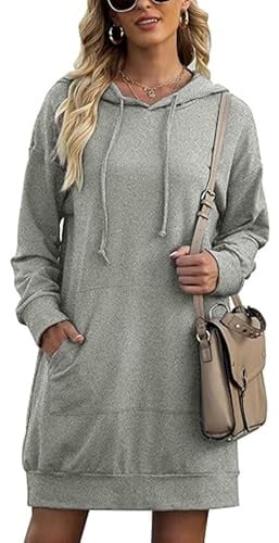 Litherday Hoodie Damen Langarm Kleid Sweatkleid Kapuzenpullover Oversize Sweatshirts Casual Minikleid für Damen mit Taschen Dunkelgrau L