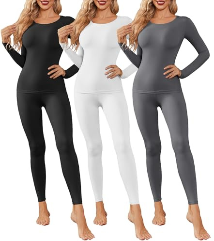 Ekouaer 3 Pack Thermal Underwear for Women Long Johns Long Sleeve Base Layer Thermals Cold Weather Sets black/white/deep grey M