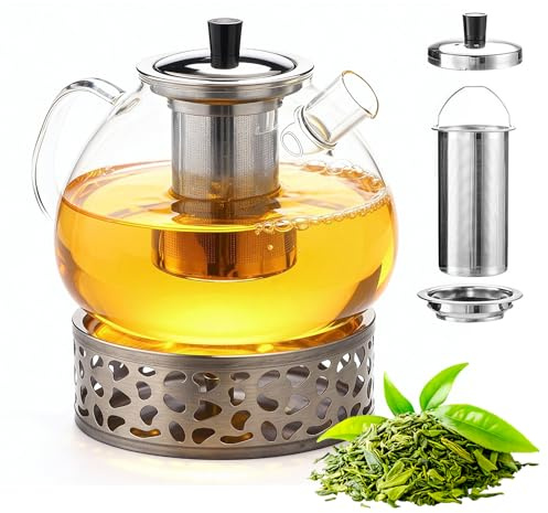 BORDEAG Theiere En Verre Avec Réchaud - Theiere Avec Infuseur 1.5 Litre, Theieres Verre Avec Infuseur, Chauffe-Théières Pour La Préparation De Thés en Vrac