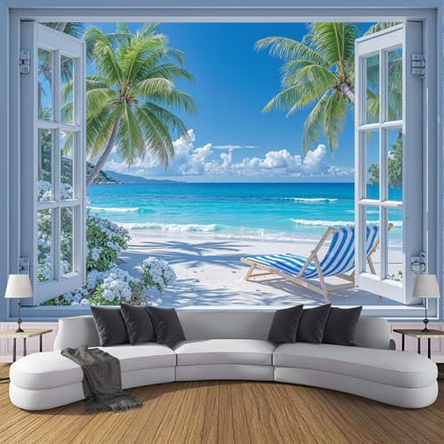 Seide Fototapete Kinderzimmer 350x256cm, Fototapete Fenster Zum Strand, Küstencharme Wandtapete Tapete 3D Effekt Für Jungen Und Mädchen Kinderzimmer, Blau