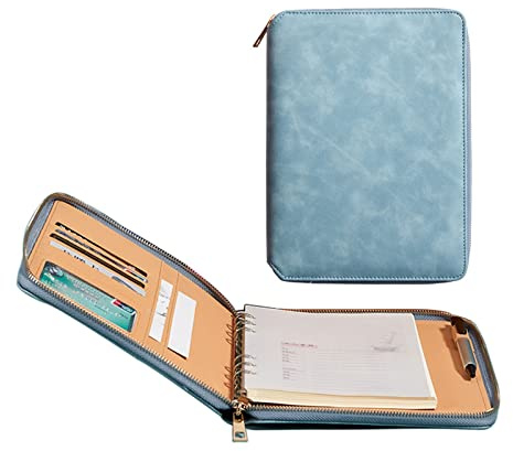 Cherrii Konferenzmappe, Padfolio, Reißverschluss, Portfolio mit 6 Ringen, PU-Leder, Organizer mit Schreibblock, A5-Größe, Geschäftsdokumente für Damen und Herren, Vorstellungsgespräche, Führungskräfte