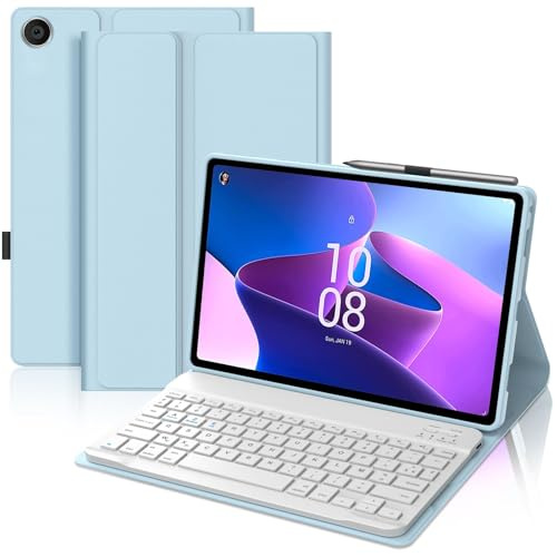 Coque Clavier pour Lenovo Tab M10 3e Gén 10.1 Pouces, AZERTY Français Housse Clavier Bluetooth Magnétique Détachable avec Porte Crayon pour Tablette Lenovo Tab M10 3eme Gén 10.1 2022 - Bleu Ciel