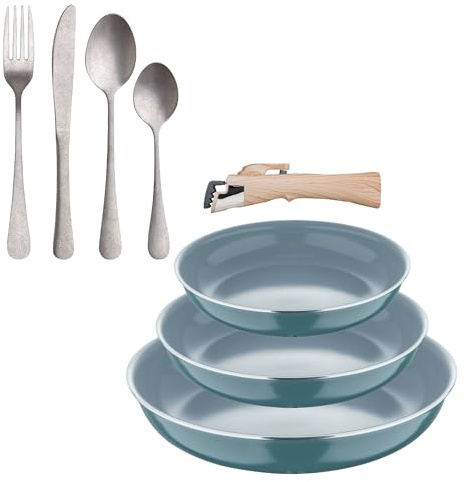 Bergner Click&Cook 3-teiliges Pfannen-Set, Ø 18 x 20 x 24 cm, aus recyceltem gepresstem Aluminium, Grün, mit abnehmbarem Griff + 16-teiliges Besteck-Set aus Edelstahl