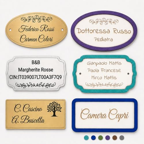 RIVA Targa Porta Ingresso Personalizzabile, Targa con Nome in Laminato Plastico (Oro e Argento) o in Legno con Cornice Colorata. 3 Forme diverse. Fissaggio Adesivo o con Viti