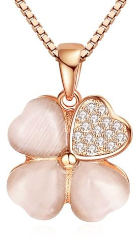Collier Trèfle 4 Feuilles Plaqué Or Rose avec Pendentif Cœur Strass et Pierre Opale Blanche, Bijou Femme Élégant Porte Cadeau d’anniversaire, Fête des Mères, Saint-Valentin, Noël, collier femme