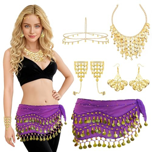 Baisdan 7 Pezzi Cintura di Danza del Ventre Donna Set, con Monete d'oro Orecchini, Collana, Braccialetti, Copricapo, Sciarpa Danza del Ventre per Halloween, Carnevale, Spettacoli