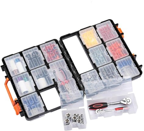 Small Parts Organizer, 16-Compartment Hardware Tool Box For Screws Nuts, Detachable Storage Case With Sturdy Handle, For Beads Jewelry Fishing Tackle Puzzle Blocks, 14.17 x 13.39 x 5.12 Inches, 1 Case