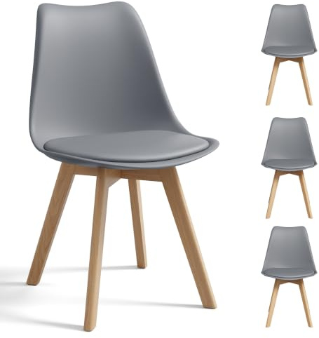 Xbro Esszimmerstühle 4er-Set aus Buchenholz, Grau | Gepolsterte Sitzflächen, Moderne Holzstühle für Esszimmer & Küche, Ergonomische Küchenstühle
