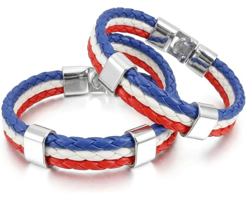 Set di 2 Bracciali Bandiera Francia, Braccialetto Tricolore in Pelle Sintetica Intrecciata per Uomo e Donna, Accessori Tifosi per Eventi Sportivi e Partite, Regalo Souvenir Francese