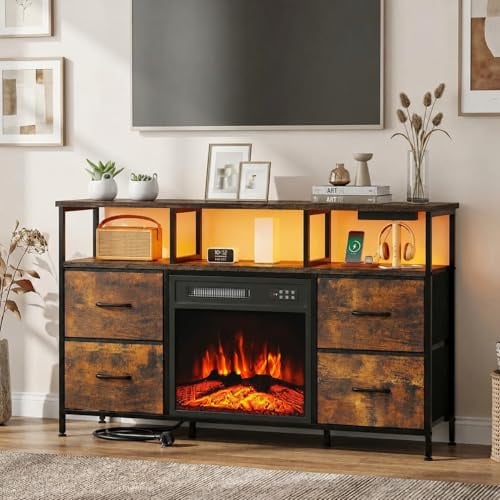 Waleaf TV Schrank mit Kamin, Lowboard für Fernseher bis zu 55 Zoll, Elektrokamin mit Heizung, 3D-Flammeneffekt, Fernsehschrank mit 4 Schubladen und offenen Regalen für Wohnzimmer, Schlafzimmer, Braun