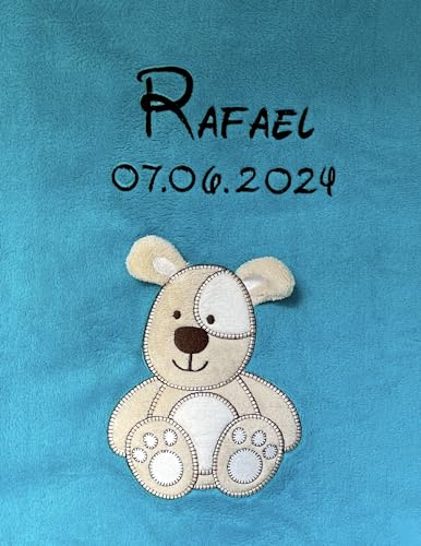 KIDDI-MEDIA Babydecke mit Name und Geburtsdatum Bestickt/kuschelig weich / 1A Qualität (Türkis - Hund)