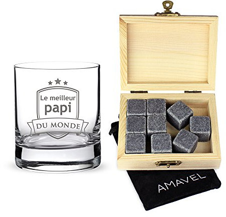 AMAVEL - Set : Verre et Pierres à Whisky dans Noble boîte en Bois - Le Meilleur Papi du Monde - 9 Pierres rafraîchissantes, insipides et réutilisables - Cadeau d'anniversaire pour Papi - Standard
