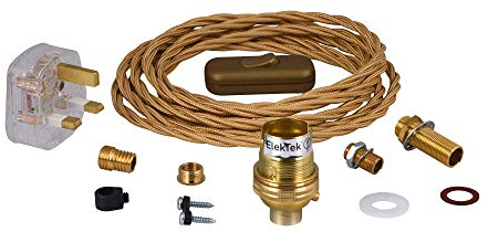 ElekTek UK B22 Lamp Refurbishment Fixing Kit, Solid Brass Unswitched Lamp Holder, Inline Rocker Switch, Extensive Fittings Pack, 13A Plug (3A Fuse) Gold Twisted Braided Fabric 3-Core Lighting Flex