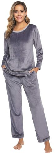 Sykooria Pigiama Donna Felpato Invernale Caldo Morbido Pigiami Due Pezzi da Donna di Pile Casa Set Lunghi Sleepwear Pantaloni Nightwear con Tasca Grigio M