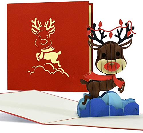 Witzige Weihnachtskarte mit 3D Rentier Pop up, niedliche Grußkarte, süße Geschenkidee für z.B. ein Geldgeschenk, W33