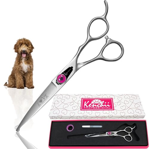 Kenchii Love Dog Fellschere, gebogen, 16,5 cm, Kugelspitze | Japanischer Stahl mit konvexen mikrogezahnten Kanten, ergonomischer versetzter Griff, langlebige und scharfe Haustierschere