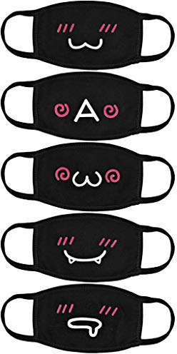 TOPEREUR 5 Stück Mundschutz Multifunktionstuch Baumwolle Atmungsaktiv Maske Waschbar 3D Druck Stoffmaske Staubdicht Schwarz Mund-Nasen Bedeckung Lustig Cartonn Motiv Bandana Halstuch Erwachsene Kinder