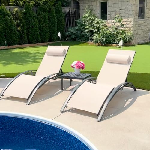 PURPLE LEAF 2-er Set Sonnenliege, Aluminium Gartenliege mit Beistelltisch und Kopfkissen, Wetterfest, 4-Fach Verstellbar, Stapelbar, 150 KG Belastung, Diverse Farben, Beige
