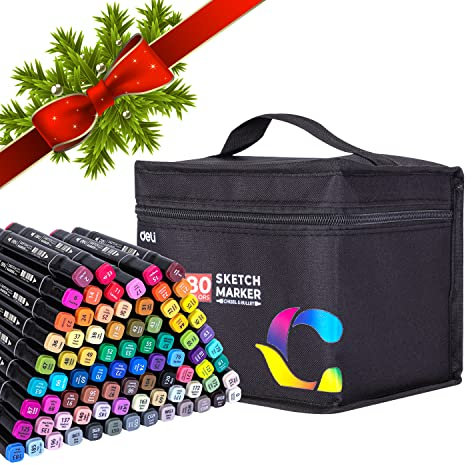 deli 80 Farben Alkohol Marker Set – Doppelspitze, Schnelltrocknend, Künstler & Hobby Marker Stifte für Skizzen, Graffiti, Zeichnen & Illustration mit Tragetasche