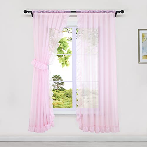 HeichkelL 2er Gardinen Glatt Volant Transparente Vorhänge mit Rüschen Fensterschals Tunnelzug Gardinenstores für Mädchnzimmer Rosa, BxH 150x155 cm (je Stück)
