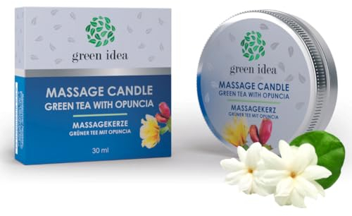 Green idea - Massagekerze mit Sheabutter, Bienenwachs und echten ätherischen Ölen - 4 Düfte - Romantische Massagekerze NATUR - 30 ml (Grüner Tee mit Opuncia)