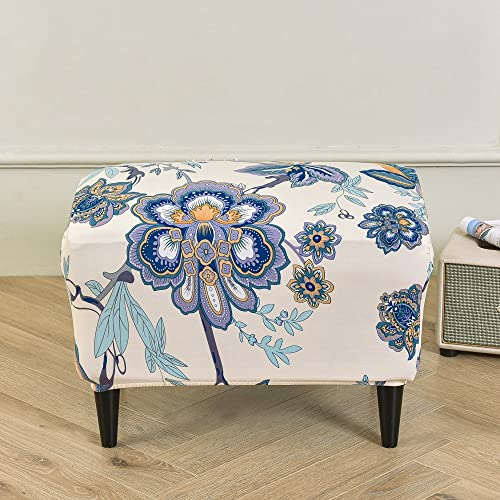 Highdi Ottomane Schonbezug Hockerbezug, Hocker Husse für Fußhocker Rechteckig, Stretch Bezug Ottomane Abdeckung Überzug Waschbar Hocker Protector Hockerabdeckung (blaue lila Blume,1 Stück)