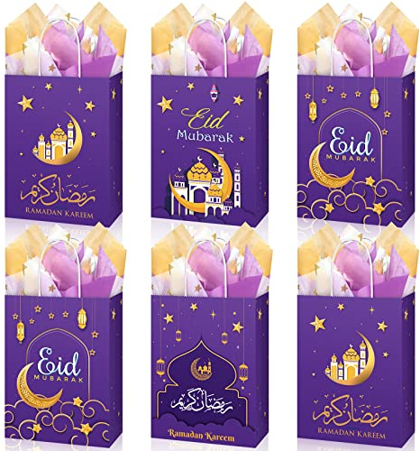24 Stück Eid Al-Adha Deco Eid Mubarak Geschenktüten mit Seidenpapier Muslim Ramadan Geschenktüten mit Griff Mubarak Tüten Eid Geschenktaschen für Eid Muslim Party Eid Al Fitr Deko, 4 Designs