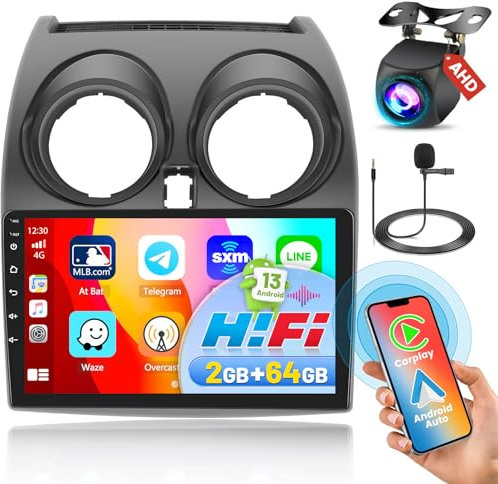 [2G+64G] Android 13 Car Radio for Nissan Qashqai J10 2006-2016, Wireless Carplay/Android Auto/HiFI, 9'' Touch Screen Bluetooth Stereo Upgrade for Nissan Qashqai SWC GPS WiFi + AHD Backup Camera