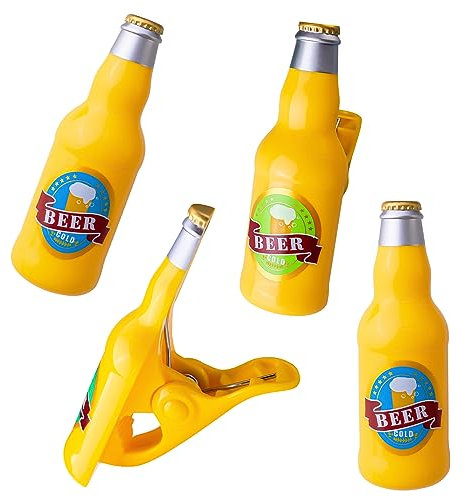 HolyMaji Beach Towel Clips Set of 4, Beer Mugs Beer Bottles Towel Holder for Beach Chairs, Funny Windproof Clothespins for Patio and Pool Accessories - Your Cruise Vacation Essentials (4 Bottles)