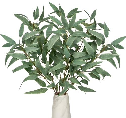 Hollyone 6 pcs Green Artificial Eucalyptus Leaves, Fake Eucalyptus Leaf Branches for Spring Decorations, Faux Eucalyptus Bundles with Long Stems for Party, Festival, Wedding, Home Decor, DIY