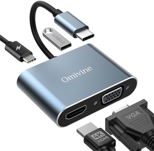 USB C to HDMI VGA Adapter, 4 In 1 USB-C Hub with 4K HDMI/VGA/PD 100W/USB 3.0, USB Type-C Splitter Adapter for MacBook Pro/Air, Samsung, Dell, HP, Chrome, Pixel, Nintendo, etc