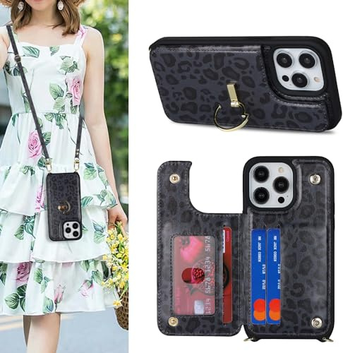 SailorTech iPhone 13 Pro Case with Credit Card Holder, Leather Case Ring Stand with Kickstand for iPhone 13 Pro - Black Leopard