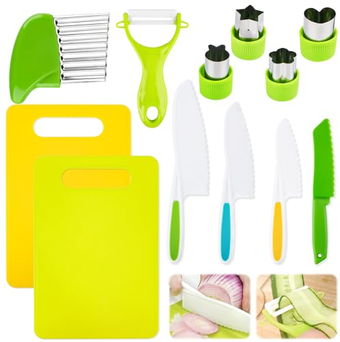 Wvu & Wvo Kindermesser Set 12-Teiliges Kinder Kochmesser Montessori Messer mit Gemüse Ausstechformen,Schneidebrett - Perfektes Weihnachts- oder Geburtstagsgeschenk für Kinder ab 3 Jahren