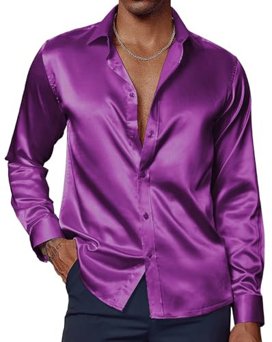 Mens Christmas Shirts Long Sleeve Button Down Shirts for Wedding Party Silk Shirts for Men XL Purple