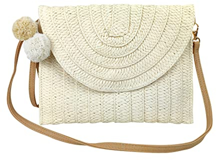 FuninCrea Straw Beach Bags for Women, Summe Large Woven Bag Straw Bag with 2 Pompom and Adjustable Strap, Natural Handmade Straw Beach Bag Hobo Bag for Beach Travel Vacation Camping (Beige)