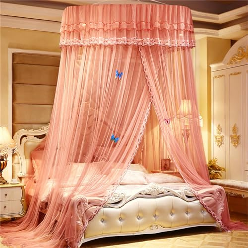 ENEN Spitzenkante Moskitonetz Bett Baldachin, Betthimmel Kinderbett Prinzessin Betthimmel Fliegennetz Moskitonetze Reise Moskitonetz - Schmetterlingsornamente Nicht Enthalten (Bohnenpastenfarbe)