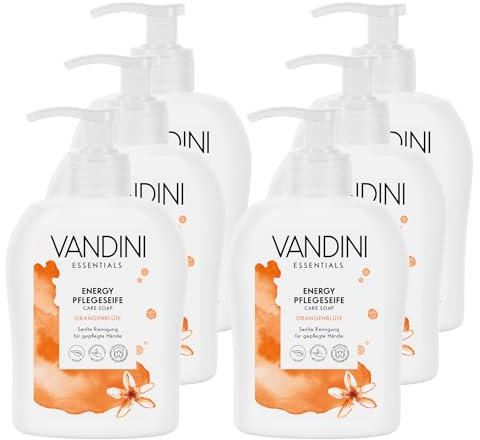 VANDINI 6x Energy Flüssigseife Spender mit Orangenblüte Duft 300ml - Made in Germany Spender Seife vegan - Handseife flüssig reinigt sanft - Handwaschseife für gepflegte Hände - Hand soap