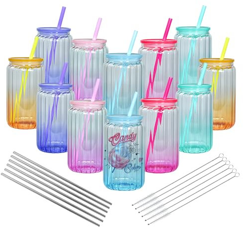 AGH life 12 Pack 16oz Sublimation Glass Cups Blanks with Lids and Straws, Clear Colored Gradient Glass Cans Vertical Stripes, Borosilicate Glass Tumbler, Sublimation Beer Can for Iced Coffee Juice